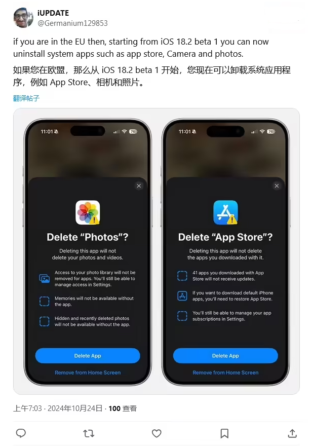 博鳌镇苹果手机维修分享iOS 18.2 支持删除 App Store 应用商店 