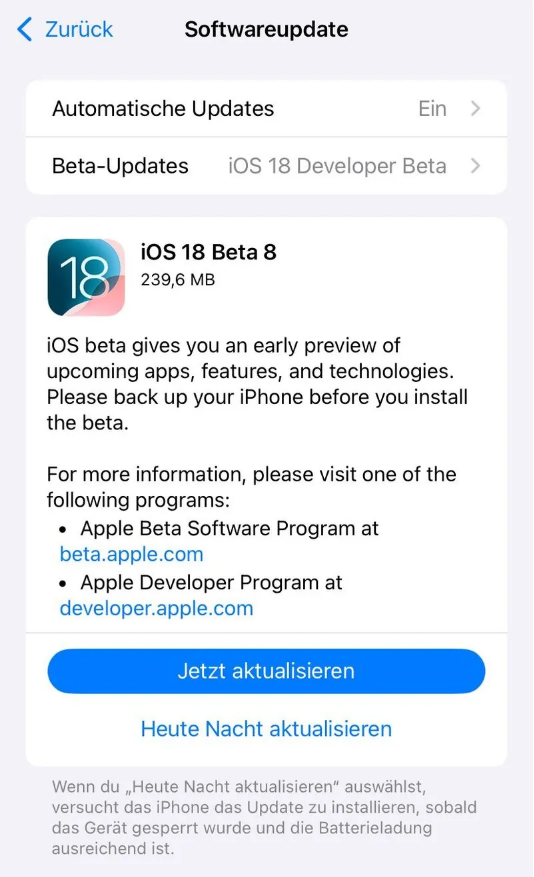 博鳌镇苹果手机维修分享苹果 iOS / iPadOS 18 开发者预览版 Beta 8 发布 